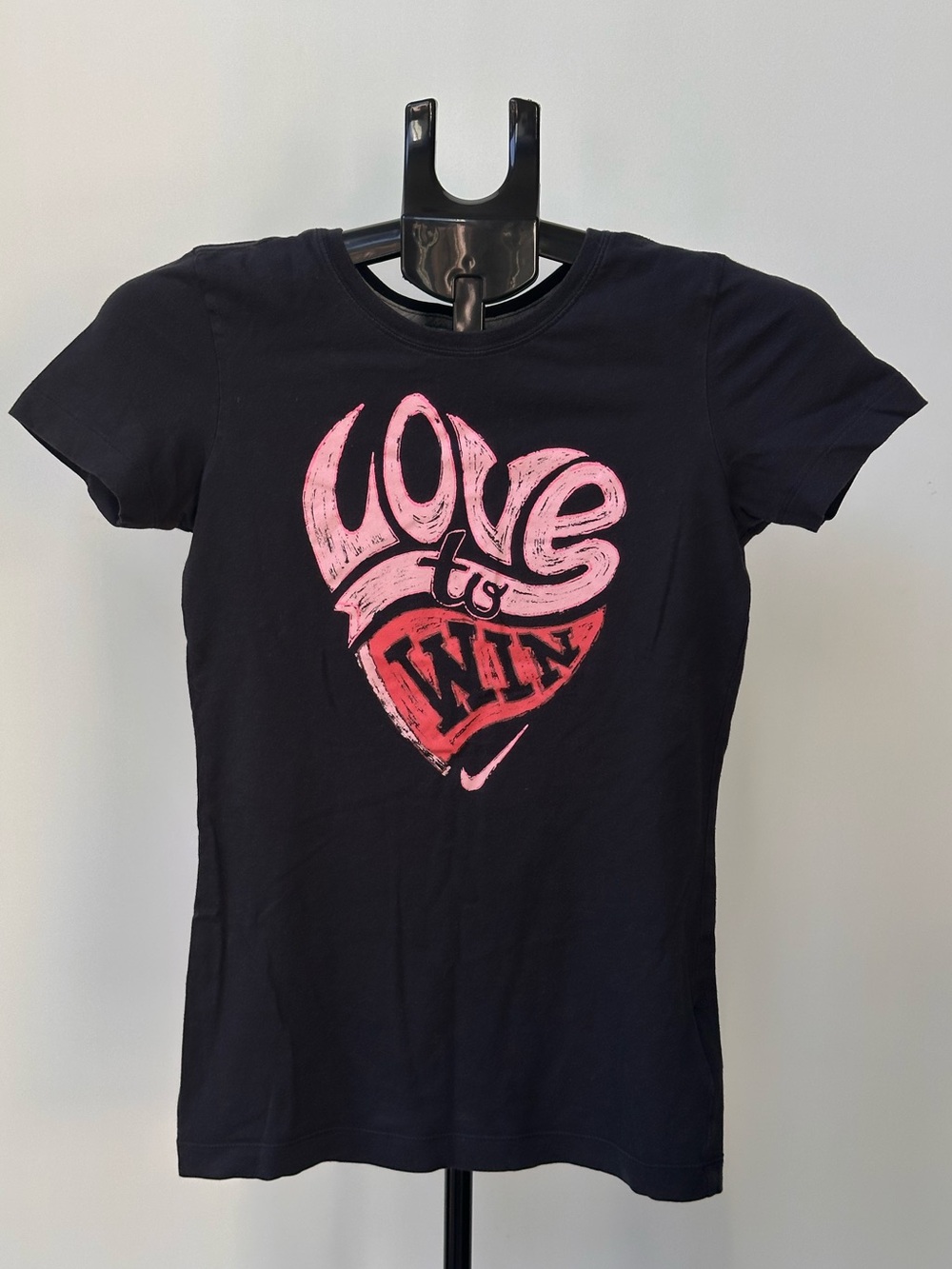 Nike Black Short-Sleeve Tee with Pink and Red Heart Graphic Women’s Size S